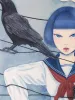 Chika Yamada Crow and Bicycle Original Painting - detail